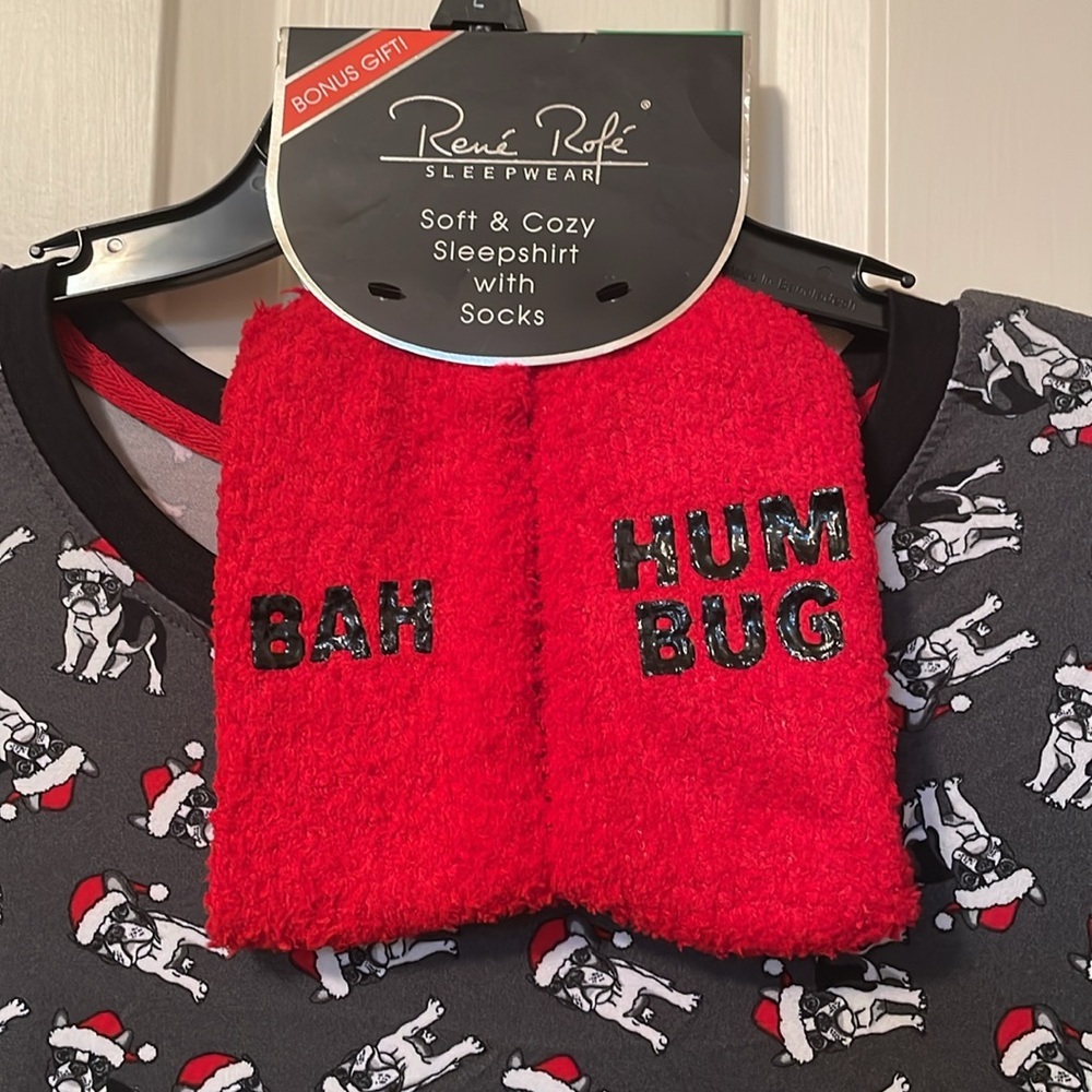 NWT Rene Rofe Sleepshirt with Bah HumBug Socks